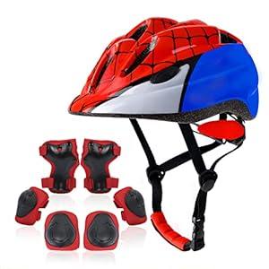 Atphfety Kids Helmet Set,Toddler Helmet for Boys Girls Age 58 with Knee Elbow Pads Wrist Guards for Bike Skating Skateboard Cycling Scooter Rollerblading (S:50 cm  54cm/19.721.2 inch, Spider)