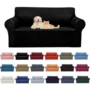 Cupuamon 2026 New Stretch Loveseat Sofa Slipcovers Couch Cover for 2 Cushion Furniture Protector Sofa Covers with Elastic Bottom Jacquard Fabric Small Checks for Pets, Kids - Black