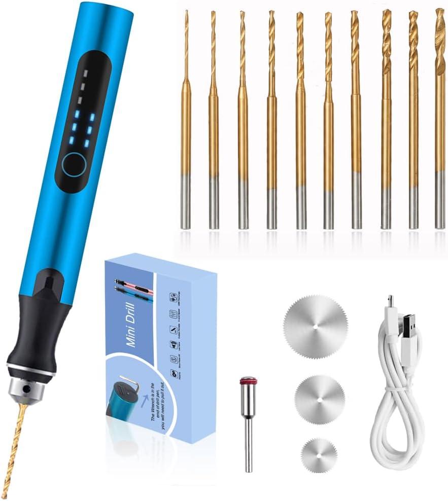3-Speed Cordless Mini Drill Pen With 10 Small Drill Bits,Rechargeable Electric Hand Drill Pin Vise,Resin Drill Set For Jewelry Making, Resin, Plastic, Wood, Keychains DIY (BLUE)