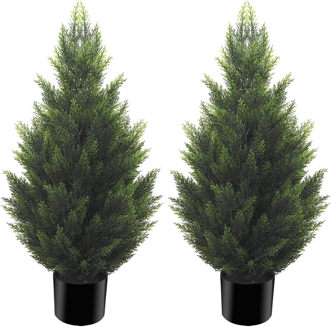 3FT Artificial Cedar Topiary Tree Lifelike Faux Cedar Pines Christmas Trees UV Rated Faux Shrubs Everygreen Plants for Front Porch Outdoor Decor Set of 2