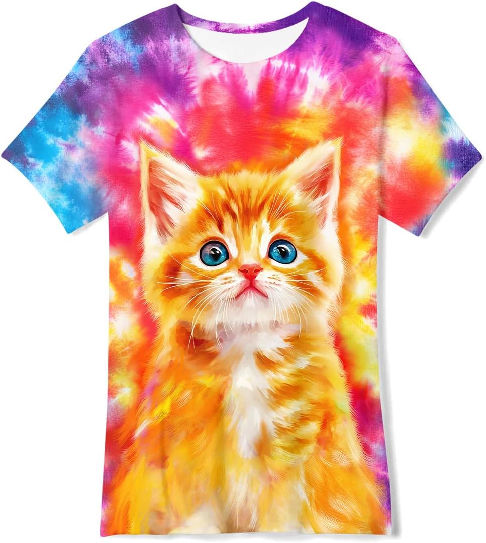 SunFoucs Girls Kids Shirts Size 5-12 Tie Dye Casual Tshirt Short Sleeve Crewneck Tee Top (8-9 Years, Cat 02)