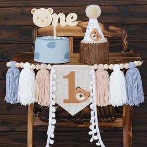 Bear First Birthday Blue High Chair Banner Decorations Baby Boy With 1st Birthday Hat One Cake Topper For 1st Birthday Party Decor (Blue Khaki White)