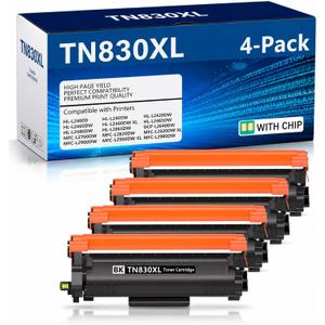 TN830XL High Yield Toner 4 Pack Compatible for TN830XL TN830XL/V/R Toner Cartridge Work for DCP-L2640DW MFC-L2820DW HL-L2400D HL-L2460DW HL-L2405W HL-L2465DW HL-L2480DW MFC-L2900DW Printer