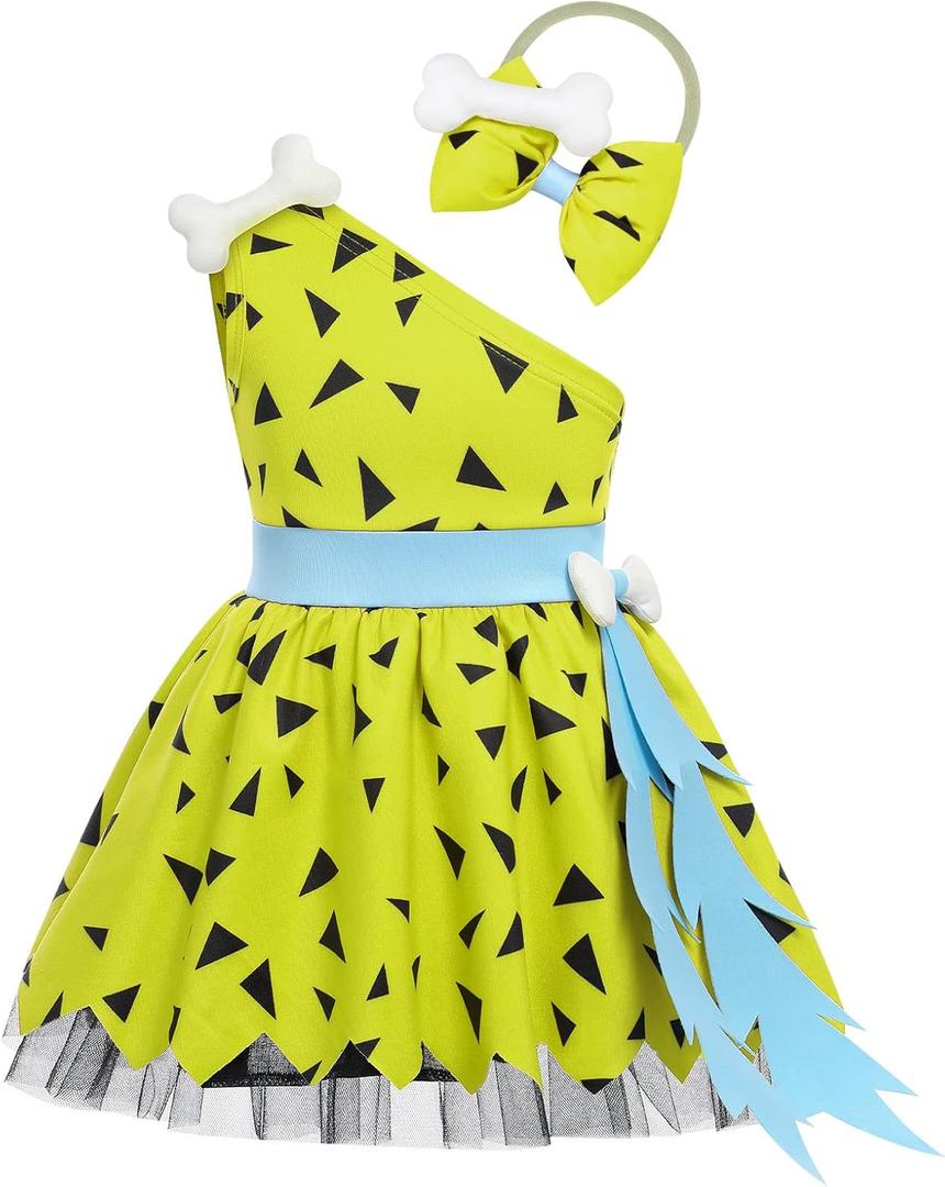 Bamm Bamm Costume Baby Boy Girl Caveman Cavegirl Outfit Halloween Fancy Dress Up Photo Shoot (5-6T, Yellowish Green)