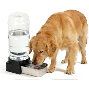 PAKEWAY Large Capacity Gravity Water Dispenser for Dogs, 2.3 Gallon Stainless Steel Pet Water Bowl for Medium & Large Pets, Low Refill Automatic Waterer with Filters (Silver)