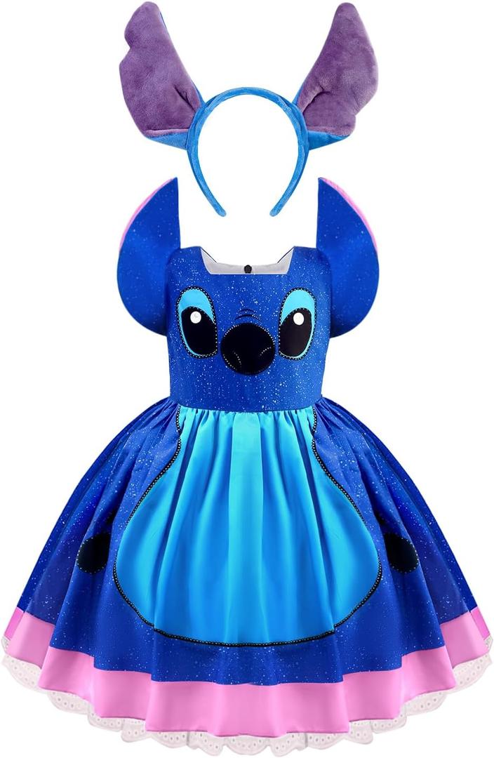 Esvaiy Girls Hawaiian Dress Costume Halloween Blue Princess Mouse Dress with Headband Kids Birthday Party Cosplay Outfit (7-8 Years)