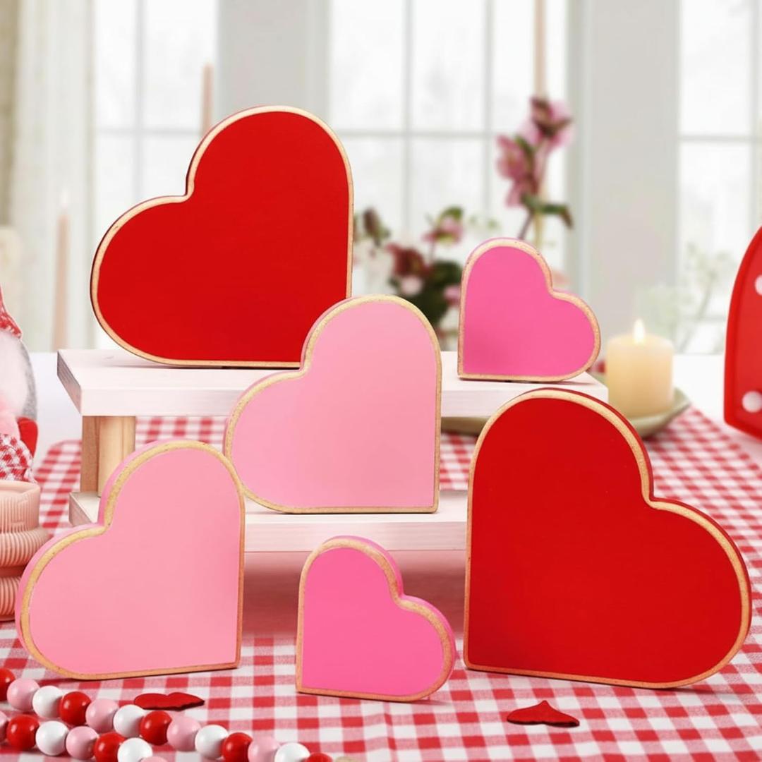 Qunclay 6 Pcs Valentine's Day Decorations 6.7", 5.5" Heart Wood Signs Table Decor Love Table Blocks Centerpiece Pink Red Tiered Tray Decor for Valentines Home Office Mantel Shelf Gift