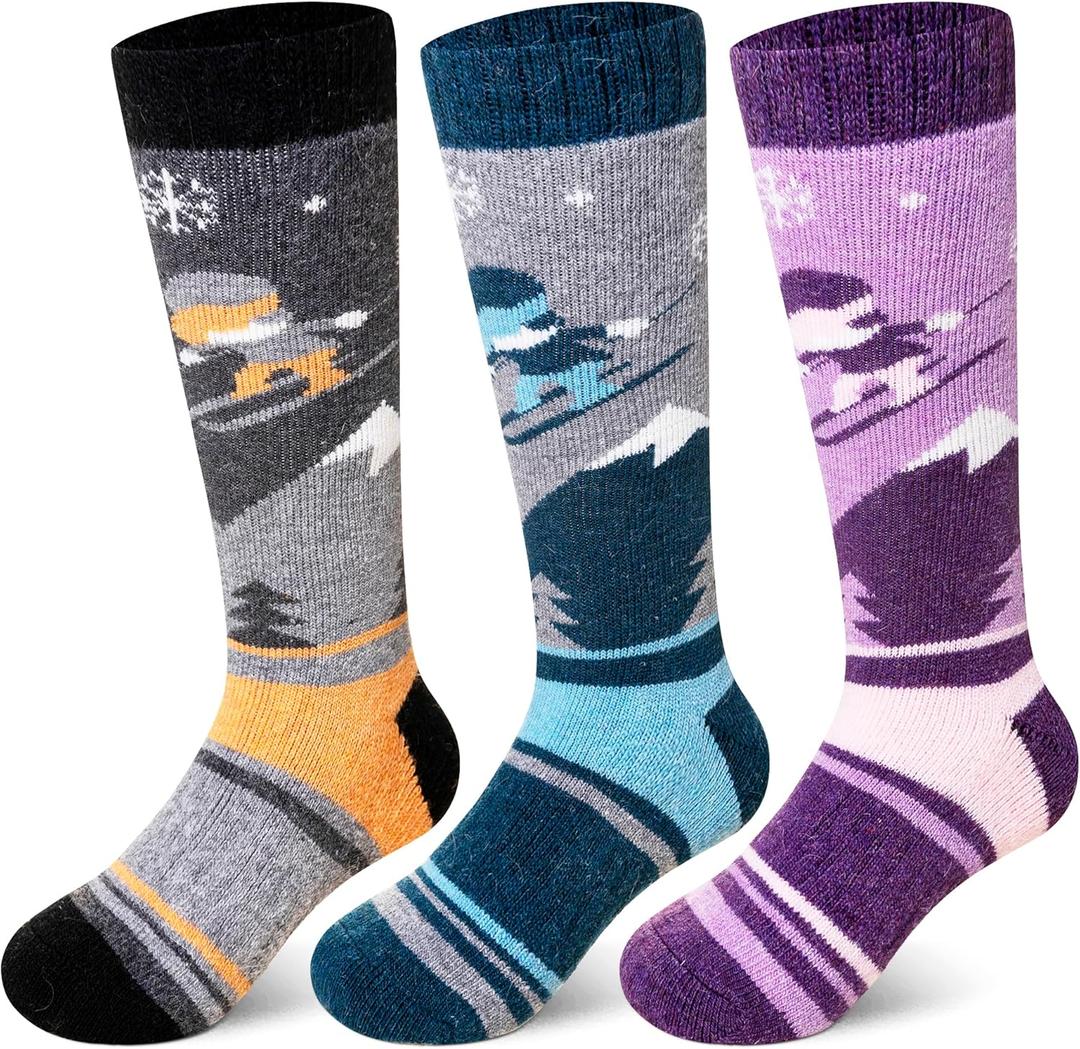 SeeyAN Kids Ski Socks Merino Wool Thermal Winter Socks Boys Girls Warm SnowBoarding Thick Skiing Socks 3 Pairs (Purple/Grey/Blue, 4-7 Years)