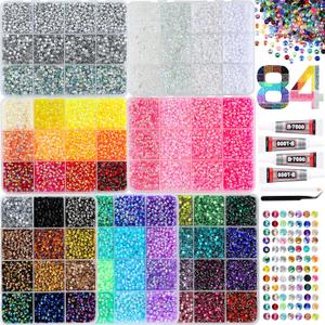 52500Pcs Bedazzling Kit with 7 Box  59 Colors Rhinestones, 3mm Flatback Sparkling Gems with 410ml B7000 Jewelry Glue, Tweezers & Pickup Pen for Nail Art, Crafts, Clothing, Diamond Painting (Set 01)