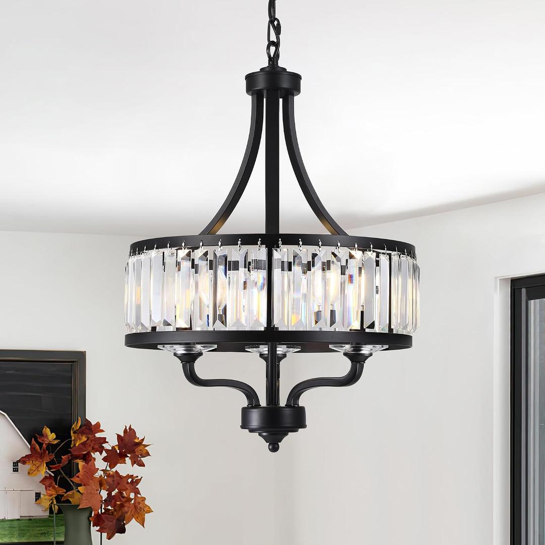 15.75 " Modern Black Crystal Chandelier,3-Light Farmhouse Dining Room Light Fixture Over Table Adjustable Height Hanging Industrial Pendant Lights Kitchen Island,Living Room Kitchen Island Entryway 