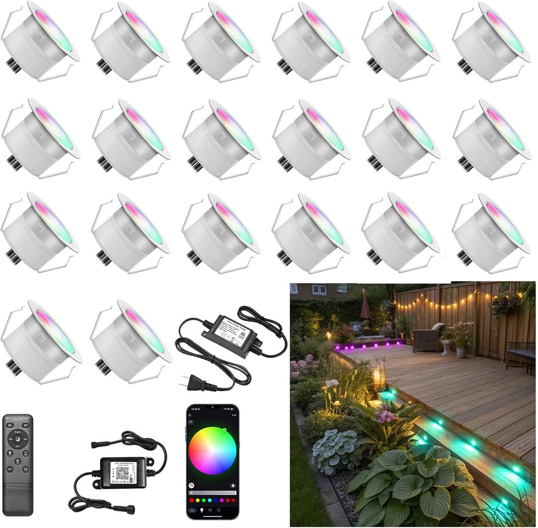 Smart LED Deck Light Kits - 20 Pack of 1.22" Low Voltage Recessed RGB Deck Lights IP67 Waterproof for Outdoor Landscape Lighting on Steps, Floors & Pathways, Compatible with Alexa & Google Assistant