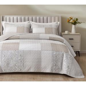Chezmoi Collection Quinn 2-Piece Neutral Taupe Gray White Floral Hibiscus Flower Candy Stripe Patchwork Quilt Set - Pre-Washed Cotton Coverlet - Lightweight Reversible Bedspread, Twin Size