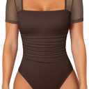 OQQ Women Short Sleeve Bodysuit Square Neck Tummy Control Shapewear Mesh Ruched One Piece Leotard Shirts Going Out Tops (Small, Darkbrown)