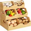 Onion Storage Bins Potato, 3 Tier Bamboo Pantry Storage Bin Stackable Ventilated Kitchen Organizer for Pantry, Countertop, Bathroom, Space-Saving, Easy Access Handle Natural Brown