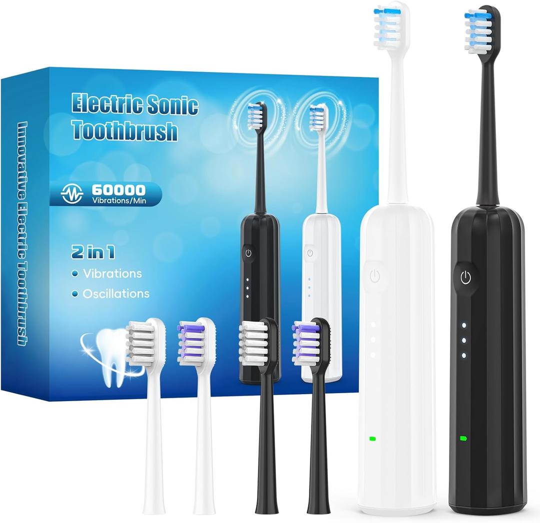 2025 New Sonic Electric Toothbrush for Adults - Vibration 60,000 VPM & 73 Oscillation Rechargeable Electric Toothbrush, 50+ Days Battery Life, 3 Modes, 2-Minute Timer, 3 Brush Heads, 2 Pack (White + Black)