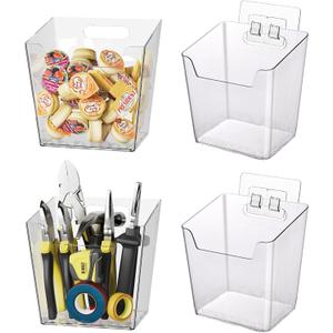 Clear Adhesive Wall Storage Bins, 4 Pack Cabinet Door Organizer Holders, Hanging Wall Mount Pockets, Plastic Cups for Shower Bathroom Makeup Office Craft Remote Kitchen Sink RV Organization (Large)