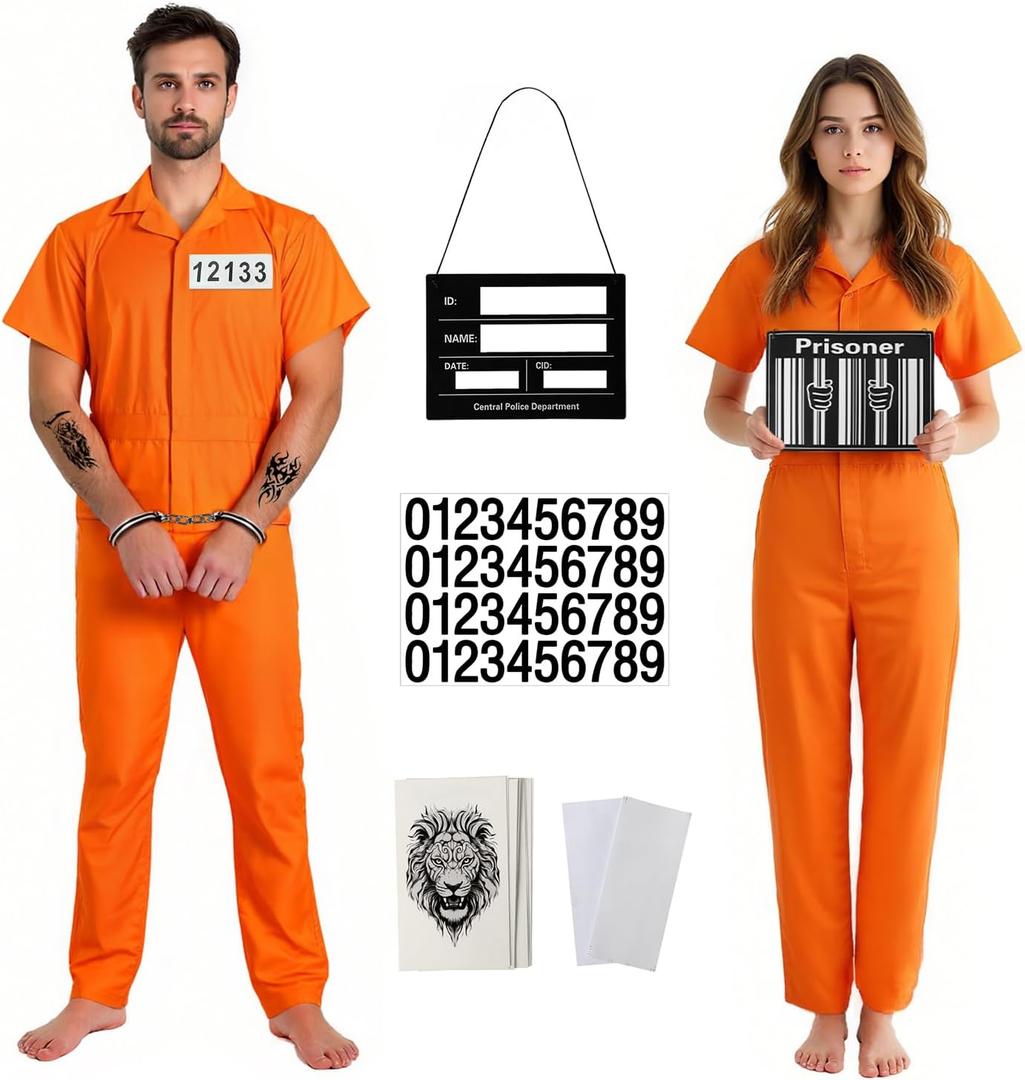 HOMELEX Prisoner Jumpsuit Adult Orange Prison Men Women Costume Halloween Inmate Outfit Jail Uniform 6pcs (Medium)