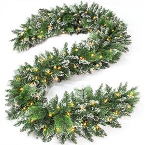Jin&Bao 9FT Christmas Garland with Lights, 100 LED Prelit Green Pinecone Garland Christmas Decorations with Timer Function, 3AA Battery Operated Xmas Garland Mantle Stairs Door Outdoor