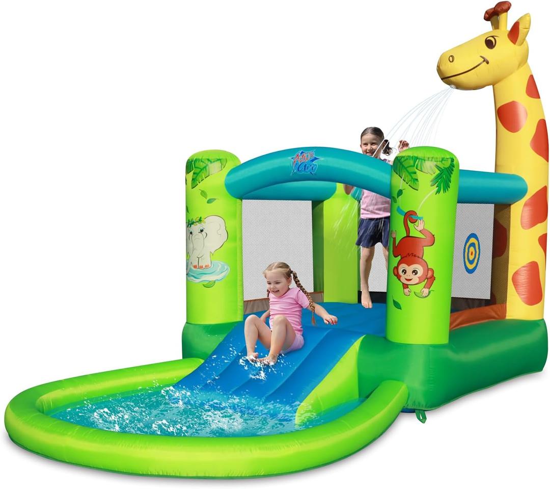 Action Air Inflatable Water Slide with Giraffe Theme, Blow Up Bounce House with 67"x62" Extra Large Bouncy Area, Big Ball Pit & Splash Pool, Outdoor Backyard Water Park for Kids, 165" x 106" x 61"