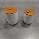 JOJUNO White Ceramic Canister Set with Wooden Lids  3-Piece Airtight Food Storage Jars for Kitchen, Embossed Design, Small/Medium/Large Sizes (30/48/82 oz)  Flour, Sugar, Coffee, Tea Containers