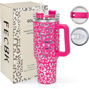 40 oz Tumbler with Handle and Straw, 100% Leak-Proof Travel Mug, Stainless Steel Double Wall Vacuum Insulated Coffee Cup Keeps Cold For 34 Hours, Dishwasher Safe, Hot Pink Leopard