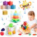 VoMii Montessori Baby Toys for Ages 6-18 Months -Stacking Blocks, Teething Toys, Sensory Shapes Storage Bin, Infant Bath Time Fun, 5 in 1 Educational Learning Set for 1 2 3 Year Old Boys Girls
