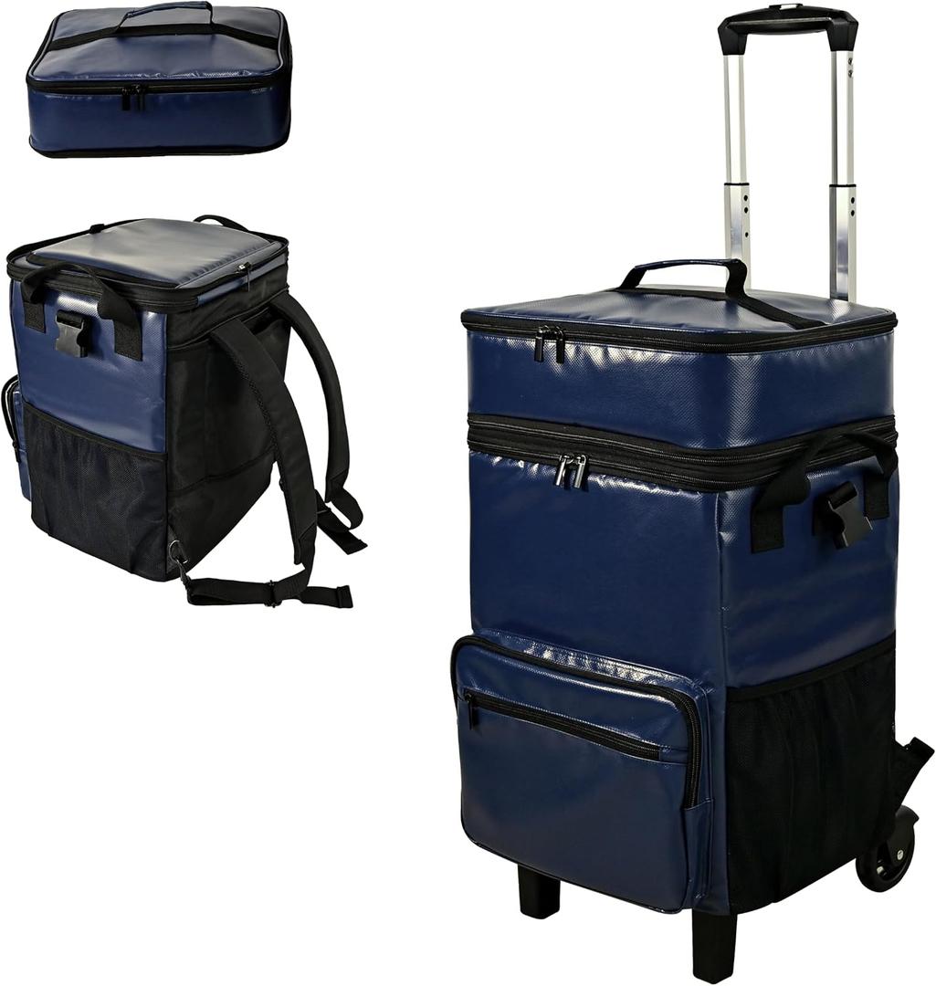 72 Can Rolling Cooler Bag with Wheels, Collapsible Insulated Ice Chest, Waterproof PVC Portable Soft Sided Cooler on Wheels for Beach, Camping, Tailgating, Travel