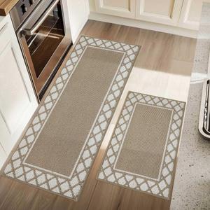 COSY HOMEER Washable Kitchen Rugs Sets of 2 Non-Slip Kitchen Mats for Floor Absorbent Kitchen Runner Rug for Kitchen Carpet,Sink Mat and Laundry, 20"x30"+20"x48",Taupe