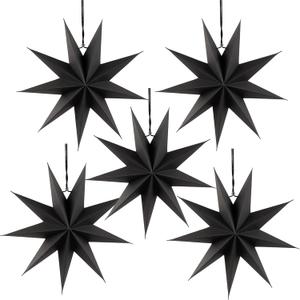 SUNBEAUTY 5 Pcs 9-Pointed Black Paper Star Lanterns 12 Inch Hanging Lamp Black Paper Funeral Decorations Christmas Birthday Home Holiday Party Decorations