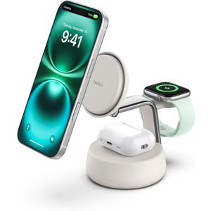 Belkin MagSafe Charger Compatible, 3-in-1 Charging Station, Qi2.2 25W w/Cooling Fan (On/Off Control) Magnetic Wireless Charger for iPhone 17, Apple Watch, AirPods, Pixel 10 (45W Adapter Included)