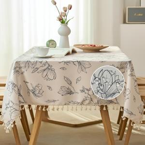Farmhouse Wipeable Tablecloth Vinyl Waterproof Coating Spill-Proof Table Cover Cotton Linen Backing Slip Resistant Flower Tabletop Kitchen Party Table Dcor Rectangle, 55"102"(8-10 Seats) (Beige1)