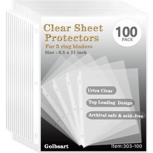 Golbsart Sheet Protectors 8.5 x 11, Page Protectors for 3 Ring Binder 100ct | Heavy Duty Clear Plastic Binder Sleeves Top-Loading Reinforced 3-Hole Edge for 3 Ring Binder, Letter Size Document Protection