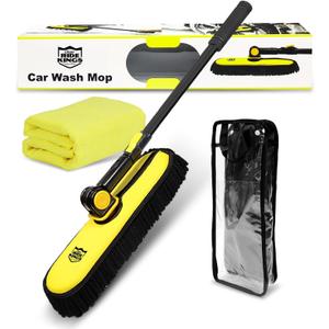 Car Wash Brush with Long Handle,Chenille Microfiber Car Washing Supplies,Scratch Free Car Wash Mop for Car Wheel Tire,Rv Truck Boat,1PC Microfiber Towels for Cars 16" x16"-Yellow