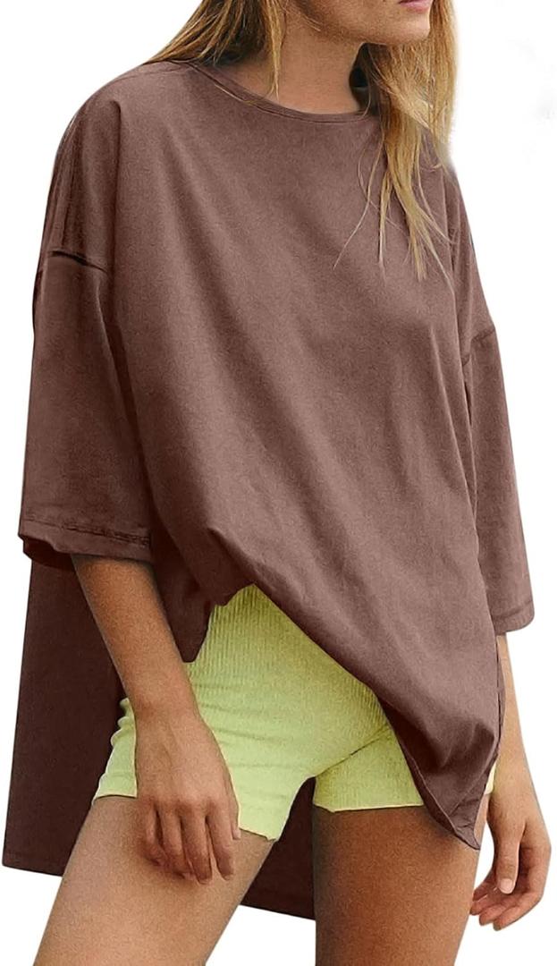 Oversized Tshirts for Women 3/4 Length Sleeve Casual Workout Tops Loose Fit Gym Shirts Side Slit Basic Tees Tunic (Brown, S)