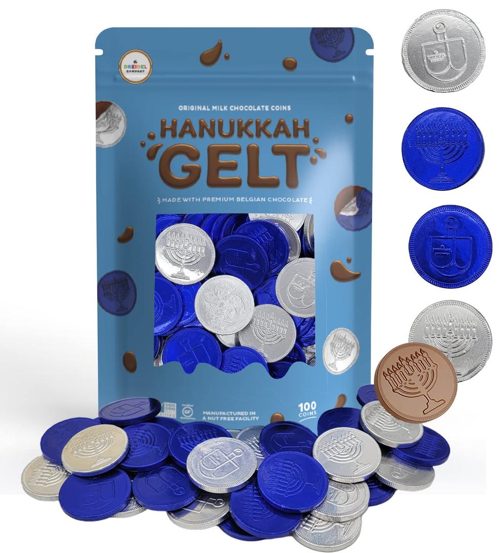 The Dreidel Company Milk Chocolate Coins, Hanukkah Gelt, Blue And Silver Coins, Made with Premium Belgian Chocolate, Nut-Free, Gluten-Free, Non-GMO, Kosher Certified Dairy (100-Pack) (EXP 11/02/27)
