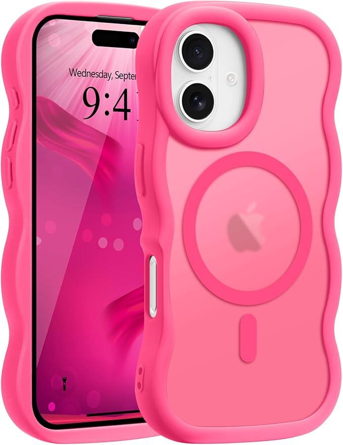 for iPhone 17 Pro Max Case, Curly Wavy Frame Hard Translucent Matte Clear Back Cover for Women Men Compatible with Magsafe Shockproof TPU Bumper Phone Case for iPhone 17 Pro Max, Hot Pink