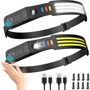 Headlamp Rechargeable 2Pack, 230Wide Beam Head Lamp LED, Head Flashlight with Motion Sensor, 5 Mode Head Lights for Forehead, Waterproof Headlamps for Adults Hiking Camping Gear