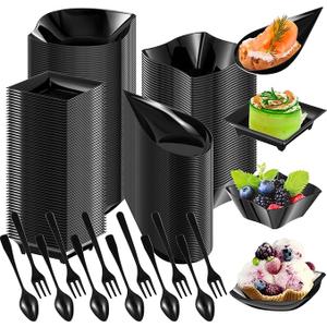 Tessco 800 Pcs Mini Appetizer Plates Set Including 400 Disposable Dessert Plates Assorted Shape 200 Mini Plastic Forks 200 Plastic Spoons for Party(Black,Classic)