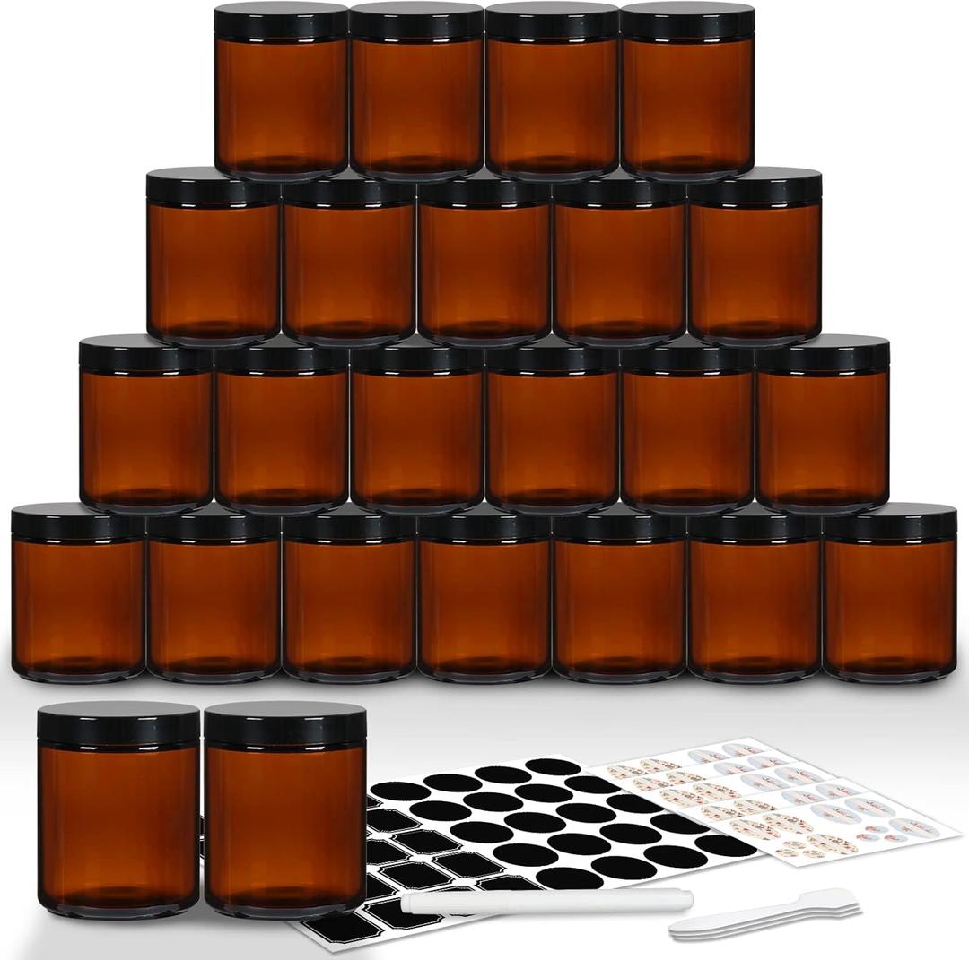 EkkoVla 24 Pack 8 oz Amber Round Glass Jars with 24 Black Lids, Candle Making Jar, Empty Refillable Cosmetic Containers for Lotions, Face Creams, Body Butter, Powders, Ointments, Beauty Products
