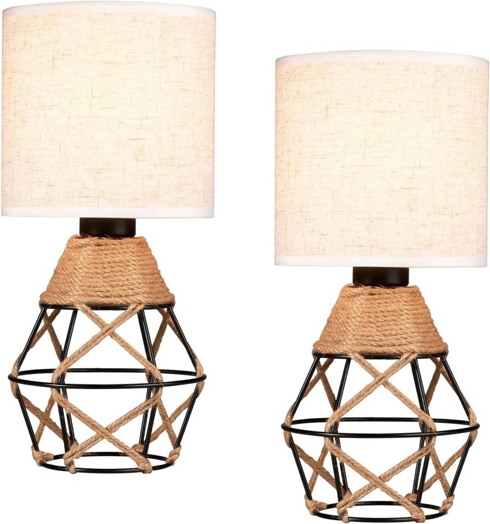 Hamilyeah Woven Table Lamps Set of 2, Farmhouse Lamps for Nightstand with On/Off Switch, Bedside Lamps with Fabric Shade, Modern Simple Lamps for Bedroom, Living Room,Home Office (2PACK Linen Shade&Black Cage Base)