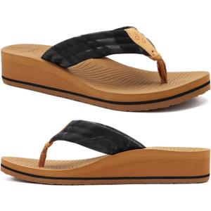 COFACE Womens Flip Flops with Arch Support Ladies Fashion Lightweight Wedge Flip Flops Comfortable Yoga Mat Sole Summer Platform Thong Sandals (11, Black Tan)