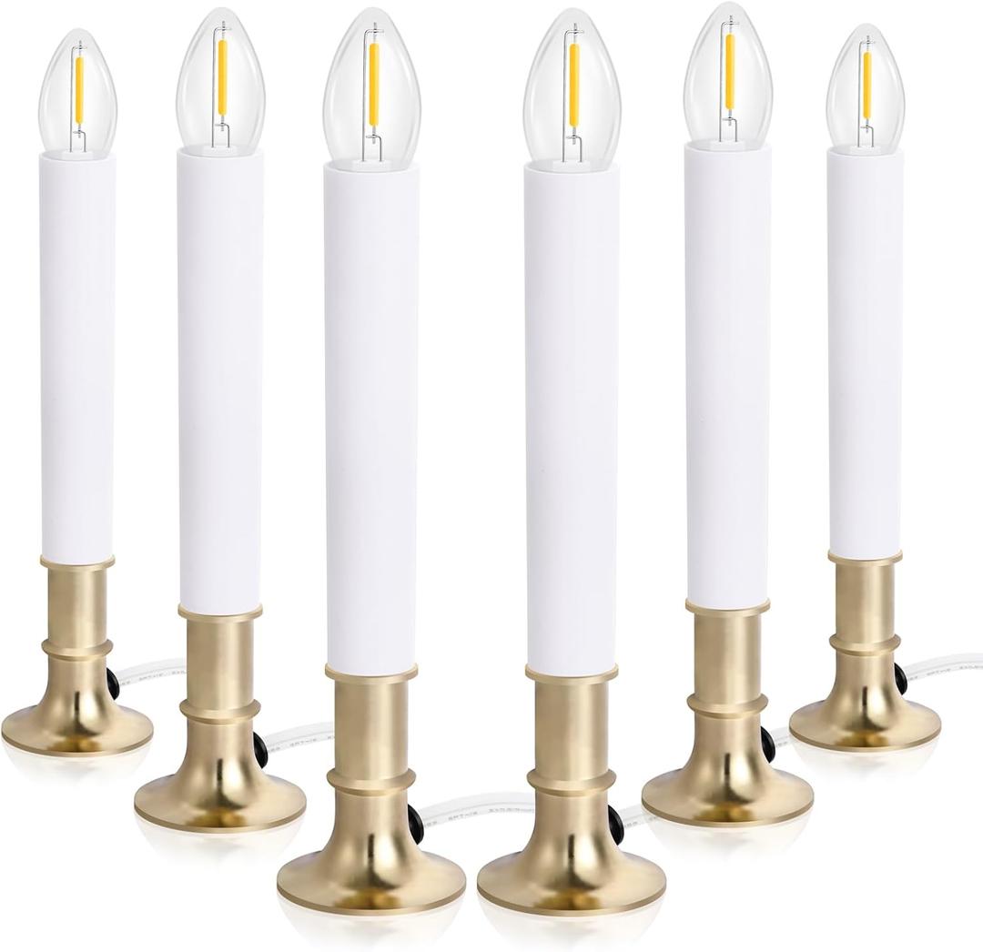 6-Pack Dusk to Dawn Electric Christmas Window Candle Lights with Shatterproof Plastic LED Bulbs, Plug-in Corded Window Candle Lamps, Auto On/Off Light Sensor, 6 Suction Cups Included, Warm White