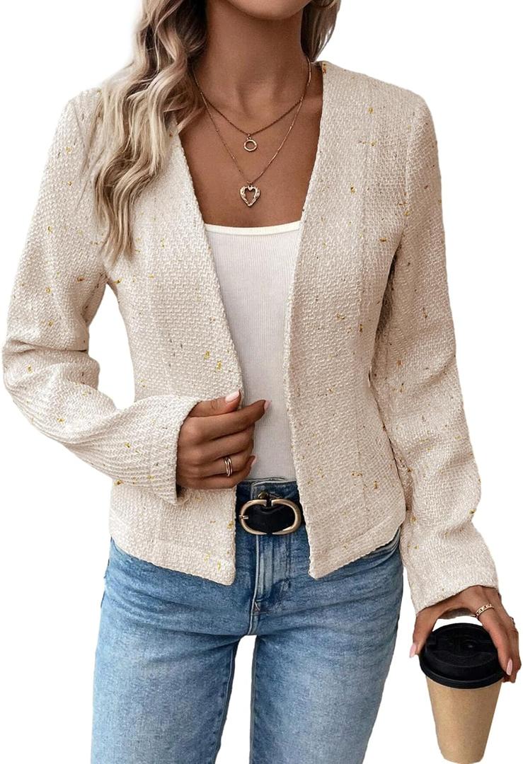 Mina Self 2026 Spring Women's Tweed Blazer Jacket - Collarless Open Front Fully Lined Elegant Fitted Fashion Casual Work Coat (Beige-3), Size MRCKLOCR20-B16-L2-R-Mercantile Dr