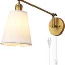 PERMO Retro Swing Arm Wall Sconce Plug in Wall Lamp Single Sconce Light Fixture with White Fabric Shade for Bedroom, Living Room, Office (Antique Gold)