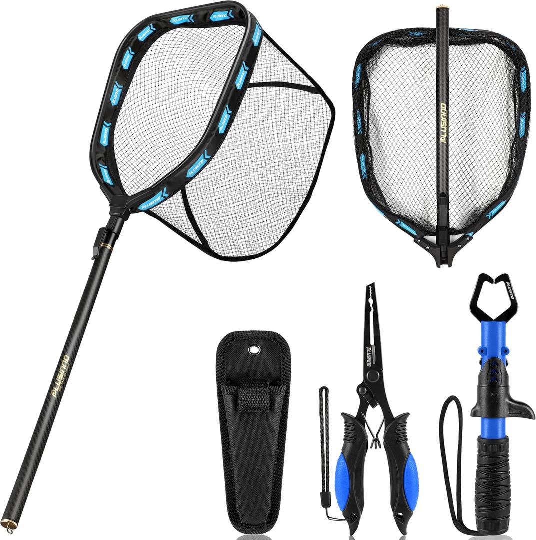 PLUSINNO Floating Fishing Net with Telescoping Handle, Carbon Fiber Ultralight Long Fish Net, Collapsible Landing Net 6.56/7.86Ft, Fishing Gear Kayak Accessories for Bass Trout Salmon (6.56 FT / 2.0M Full Length with Tool Kit)