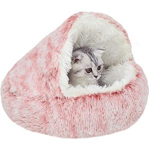 YUDANSI Cat Bed Hooded for Indoor Cats, Dog Bed with Large Covered Hood for Small Dogs Cats Puppy Kitty, Anti Anxiety Donut Cuddler, Anti Slip Plush Faux Fur Enclosed Pet Nest (Washable)(Pink-20inch)