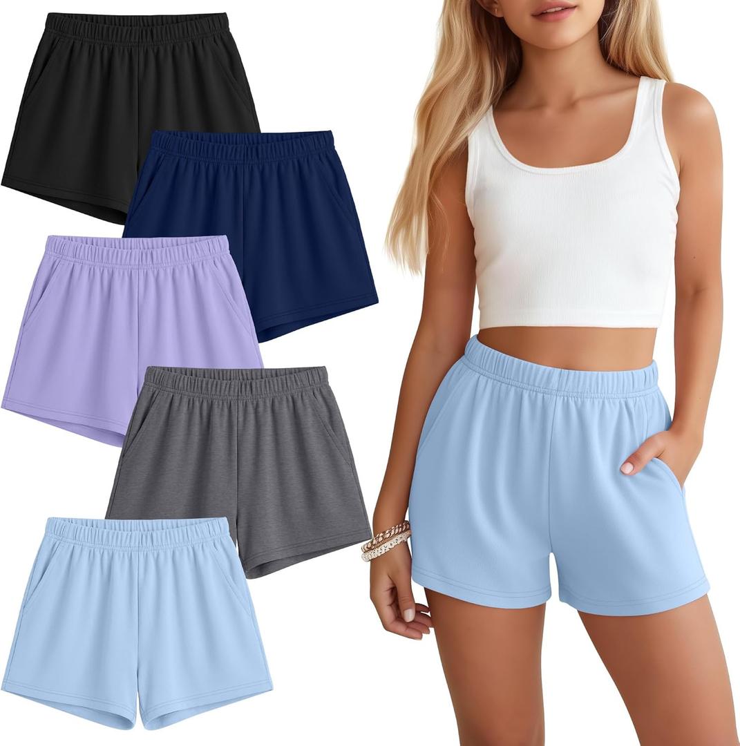 5 Pack Girls Shorts Athletic Casual Summer Teens Elastic Waist Tween SweatShorts with Pockets for Kids (9-10 Years, Blue, Heather Gray, Purple, Navy Blue, Black)