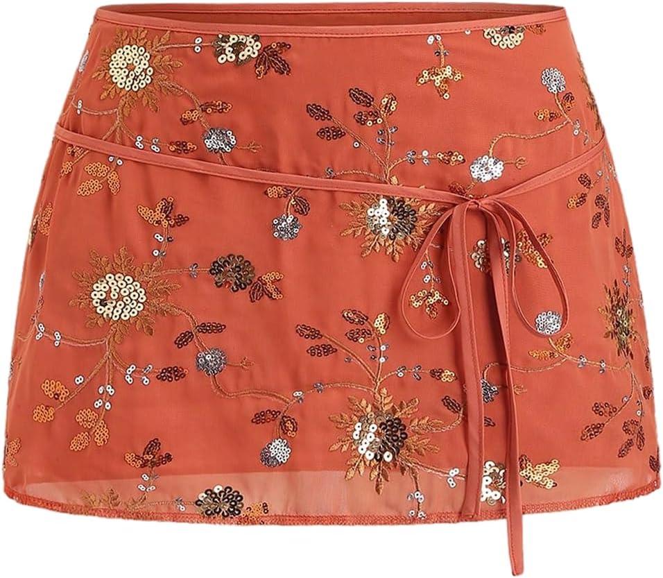 SweatyRocks Women's Sequin Embroidery Y2K Mini Skirts Tie Front Low Waist Boho Summer Skirt (Large, Orange)