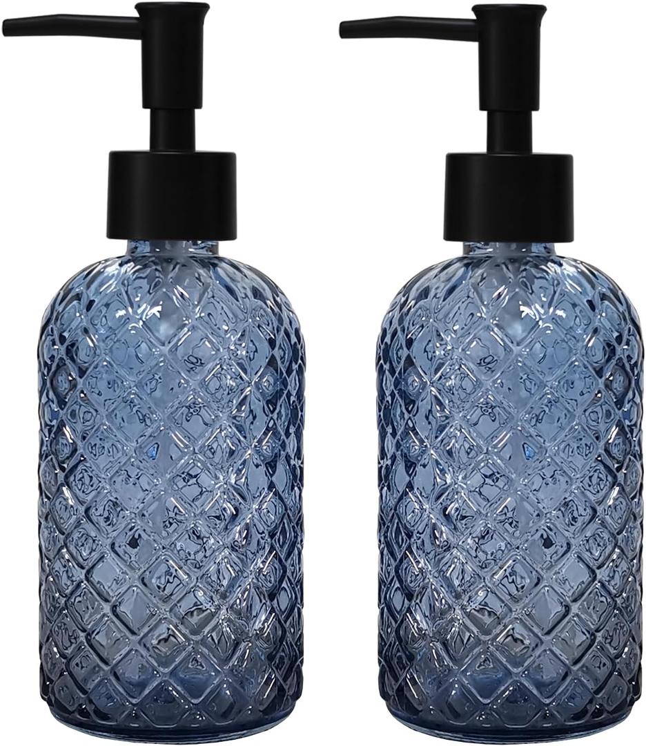 Blue Glass Dish Soap Dispenser for Kitchen, 12oz Refillable Liquid Hand Soap Dispenser Set, 2 Pack Crystal Lotion Bottle for Modern Home Decor, Bathroom Countertop, Hotel