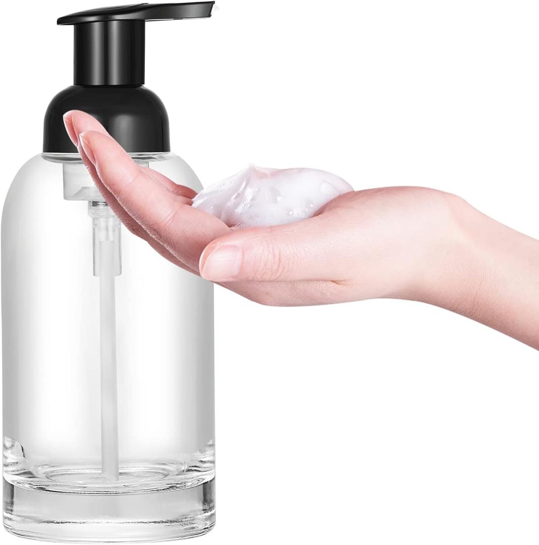 1Pack Thick Clear Glass Jar Soap Dispenser with Foaming Pump, 13 Ounce Clear Round Bottles Dispenser with Foaming Pump (Black, 13oz)